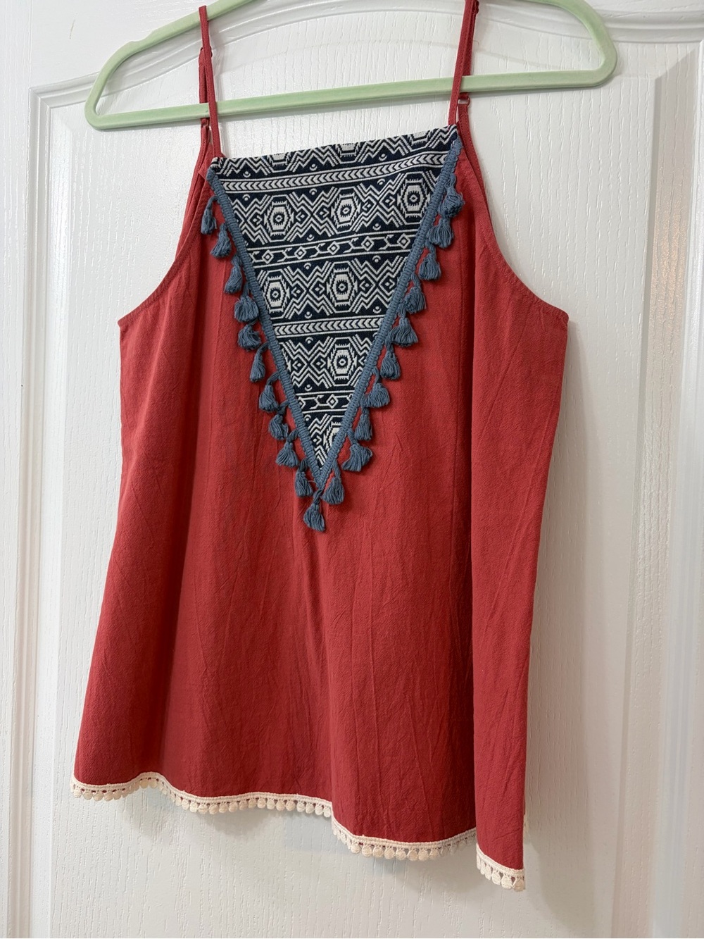 THML Red Camisole with Navy Geo Inset and Tassel Trim